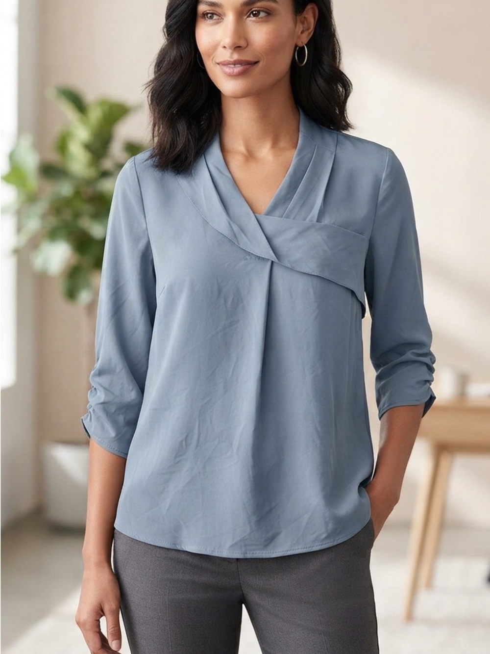 Cross-Front Draped Blouse in Dusty Blue